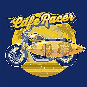 Cafe racer with surf board in design summer concept photo