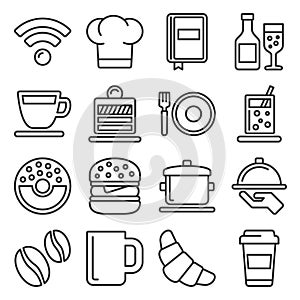 Cafe and Restaurant Icons Set on White Background. Line Style Vector
