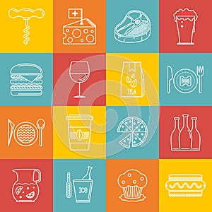 Cafe and restaurant lineart minimal vector iconset on multicolor checkered texture photo