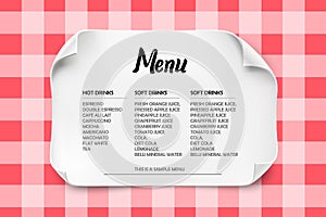 Cafe or Restaurant menu design with curved paper on a tablecloth.