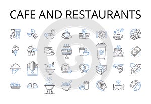 Cafe and restaurants line icons collection. Bistro, Diner, Eatery, Brasserie, Trattoria, Gastropub, Tavern vector and photo