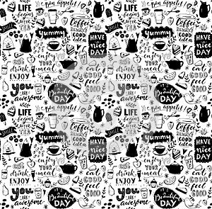 Cafe seamless pattern. Hand drawn tea and coffee pots, desserts and inspirational captions. Menu cover design, wallpaper