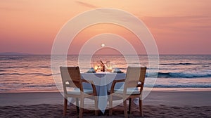 Cafe on the seaside, served table and two chairs on the seashore, romantic evening.