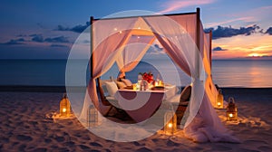 Cafe on the seaside, served table and two chairs on the seashore, romantic evening.