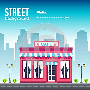 Cafe shop building in city space with road on flat syle background concept. Vector illustration design