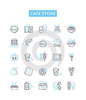 Cafe store vector line icons set. Cafe, Store, Coffee, Drinks, Food, Bakery, Desserts illustration outline concept
