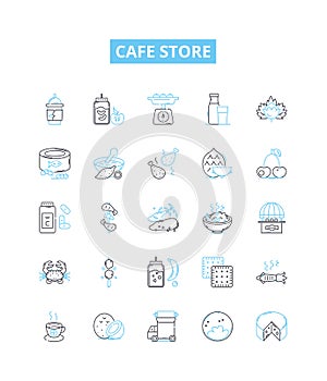 Cafe store vector line icons set. Cafe, Store, Coffee, Drinks, Food, Bakery, Desserts illustration outline concept