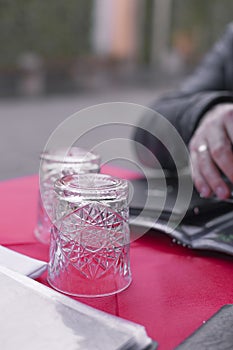 Cafe on the street in Europe. Served tables for lunch. Free space for text