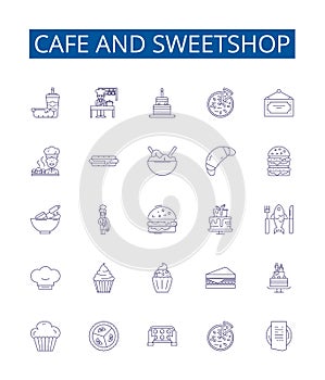 Cafe and sweetshop line icons signs set. Design collection of Cafe, Sweetshop, Dessert, Bakery, Donuts, Treats, Latte