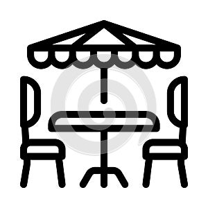 Cafe table chairs and umbrella icon vector outline illustration