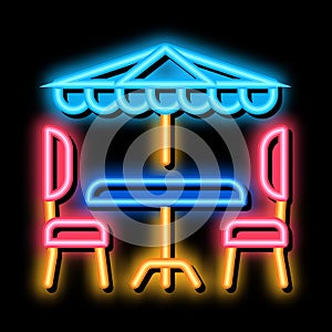 cafe table chairs and umbrella neon glow icon illustration