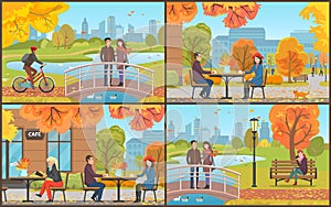 Cafe Table and Coffee Cups Autumn Park Vector