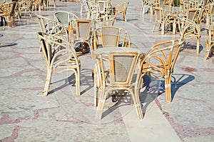 Cafe table and wicker chairs