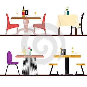 Cafe tables in restaurant setting vector dining furniture table and chair for romantic lunch dinner date in cafeteria