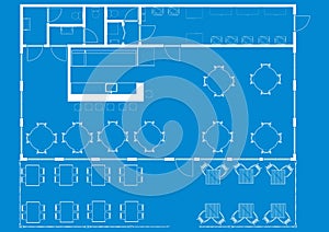 Cafe top view plans. Floor plan 3d with the furniture Furniture symbols used in architecture plans.