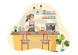 Cafe Vector Illustration of Interior with Bar stand, Table and Armchairs in Flat Cartoon Hand Drawn Landing Page Restaurant