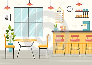 Cafe Vector Illustration of Interior with Bar stand, Table and Armchairs in Flat Cartoon Hand Drawn Landing Page Restaurant