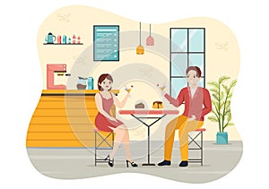 Cafe Vector Illustration of Interior with Bar stand, Table and Armchairs in Flat Cartoon Hand Drawn Landing Page Restaurant