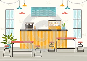 Cafe Vector Illustration of Interior with Bar stand, Table and Armchairs in Flat Cartoon Hand Drawn Landing Page Restaurant