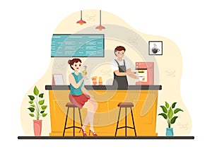 Cafe Vector Illustration of Interior with Bar stand, Table and Armchairs in Flat Cartoon Hand Drawn Landing Page Restaurant