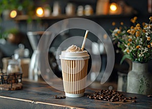 A cafe visitor holds a drink in his hand with a paper drinking straw