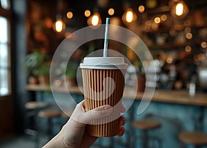 A cafe visitor holds a drink in his hand with a paper drinking straw