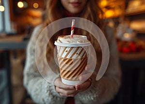 A cafe visitor holds a drink in his hand with a paper drinking straw