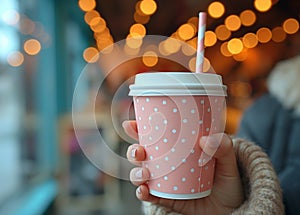 A cafe visitor holds a drink in his hand with a paper drinking straw