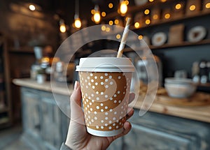 A cafe visitor holds a drink in his hand with a paper drinking straw