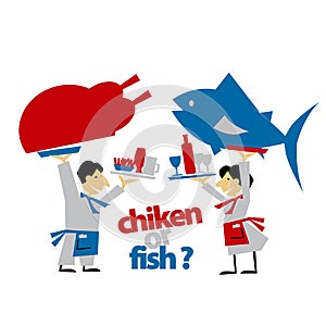 cafe waiters hold meat and fish. simple flat header. vector illustration on white background photo