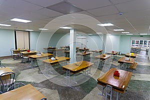 Cafeteria, dining room in university, cafe with tables and chairs, counter bar hotel.