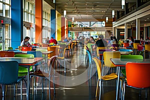 The cafeteria is filled with colorful tables and chairs, creating a lively and inviting atmosphere for diners, A bustling photo