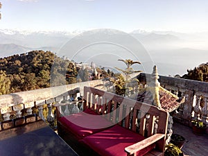 A cafeteria with hilly view
