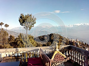 A cafeteria with hilly view
