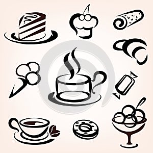 Caffe, bakery and other sweet pastry icons photo