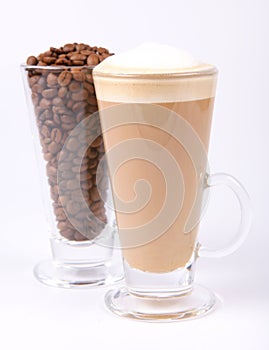 Caffe latte and coffee beans