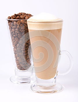 Caffe latte and coffee beans