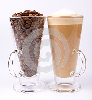 Caffe latte and coffee beans