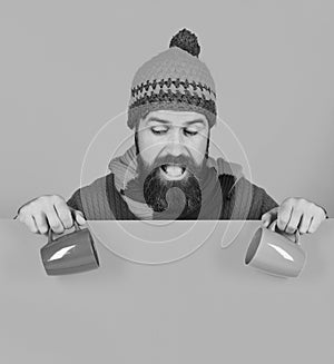 Caffeinated beverages idea. Hipster with beard and playful face