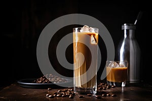 caffeinated iced coffee with milk and sugar, in tall glass