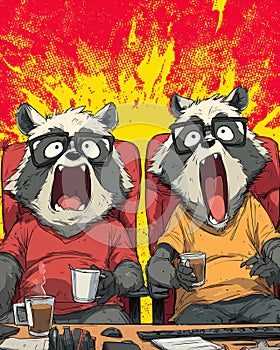 Caffeinated raccoons in tie versus slow sloths Ã¢â¬\' cartoon chaos in halftone shading photo