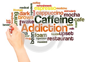 Caffeine addiction word cloud hand writing concept