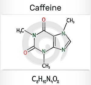 Caffeine alkaloid molecule. Structural chemical formula and molecule model.