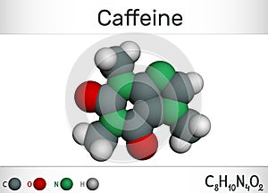 Caffeine alkaloid molecule. Structural chemical formula and molecule model. Molecule model. Illustration