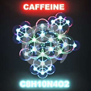 The Caffeine C8H10H4O2. Molecule Model in Neon Light.