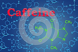 Caffeine. Chemical formula, molecular structure. 3D rendering
