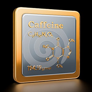 Caffeine. Icon, chemical formula, molecular structure. 3D