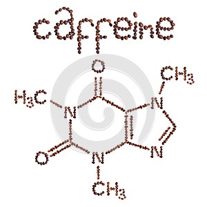 Caffeine chemical molecule structure. The structural formula of caffeine with dark brown coffee beans.