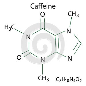 Caffeine chemical structure. Skeletal element. Organic compound. Molecular formula. Vector illustration. Stock image.