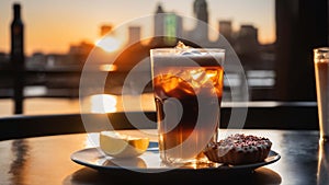 caffeine containing drink in glass with sunset in background. Highly detailed and realistic concept design illustration